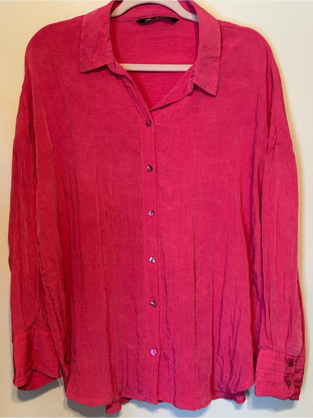 Zara XL Relaxed Creased Effect Barbiecore Fuchsia Button-Down Lagenlook Shirt